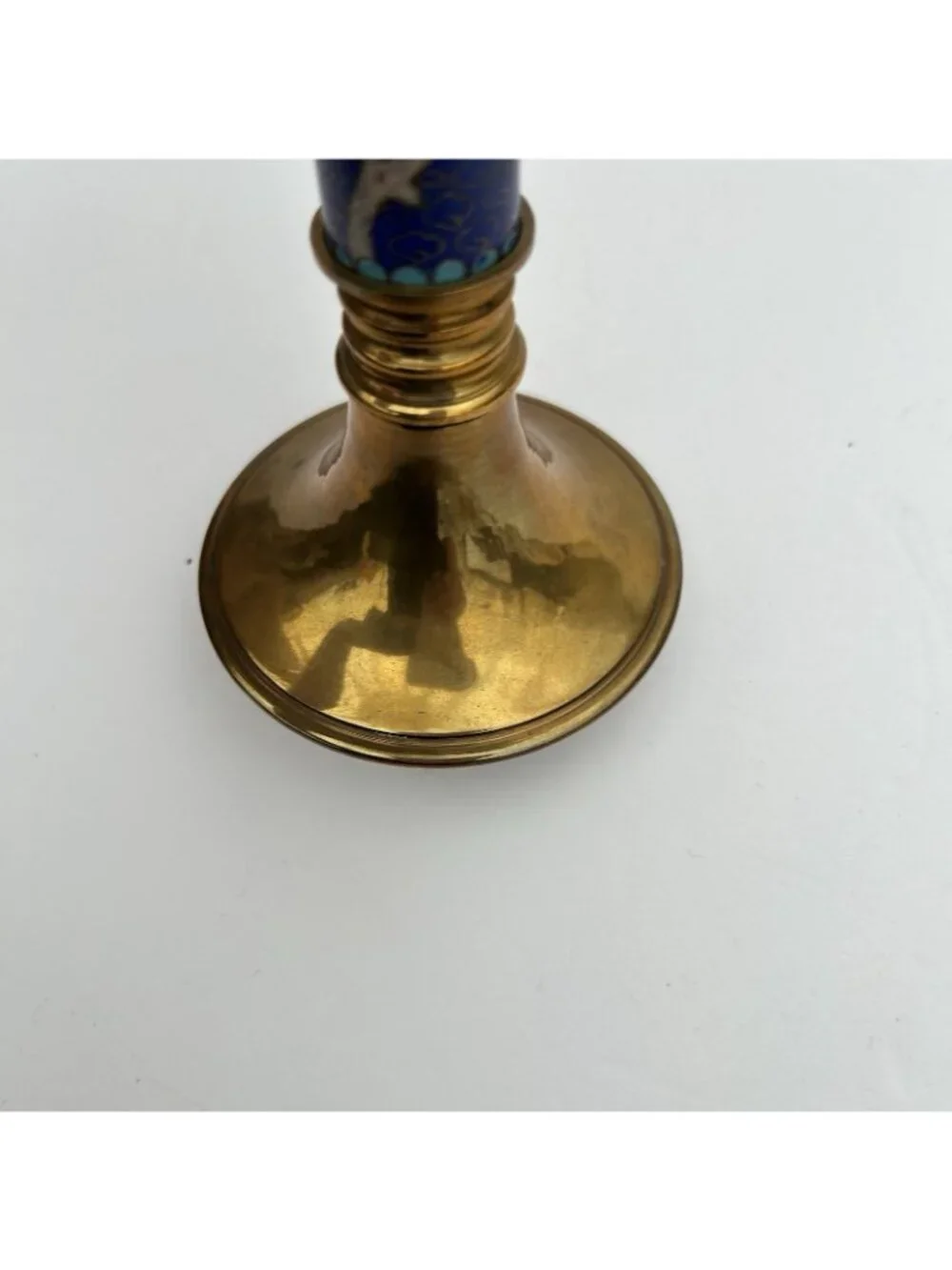 Vintage Brass Enamel Asian Bird Cloisonne Blue Candlestick Candle Holder 7.75”